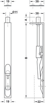Flush bolt, With folding lever, 250 or 400 mm